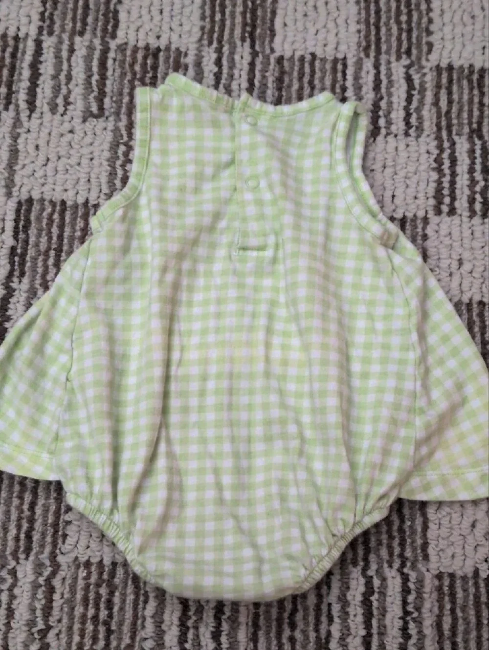 Carter's Purple Polka Dot Baby Romper & Green Checked Monkey Bodysuit.